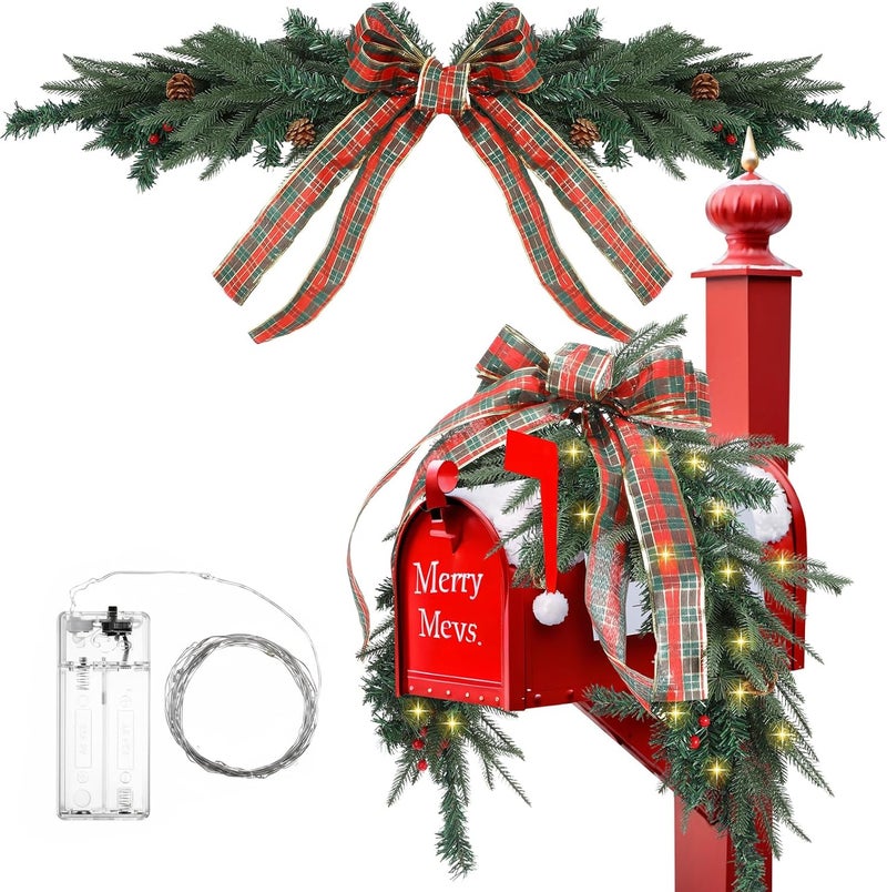 Maysing 55 Inch Christmas Mailbox Swag with Red and Green Checkered Bow Xmas Outdoor Lighted Mailbox Holiday Decoration Artificial Berry Clusters Pine Cones Garland for Mail Box Mantelpiece Indoor - Image 1